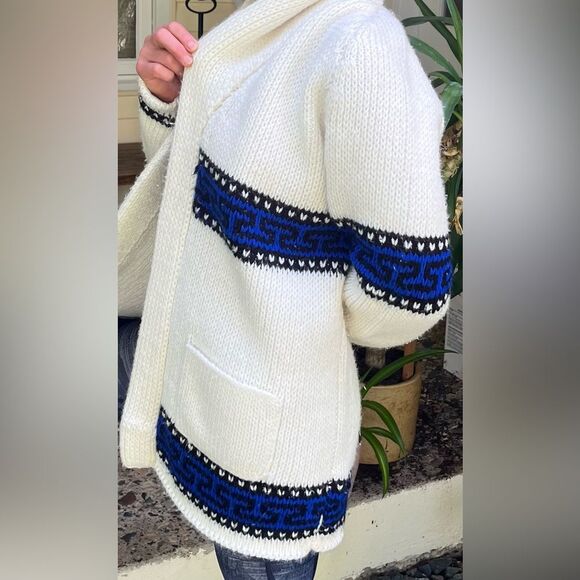 Handmade knitted cotton/acrylic blend cardigan, front pockets, belt closure,S/M - Picture 4 of 9